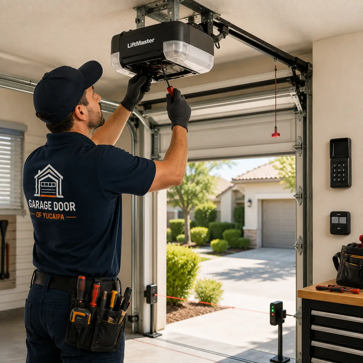 Technician repairing garage door opener and safety sensors in Yucaipa