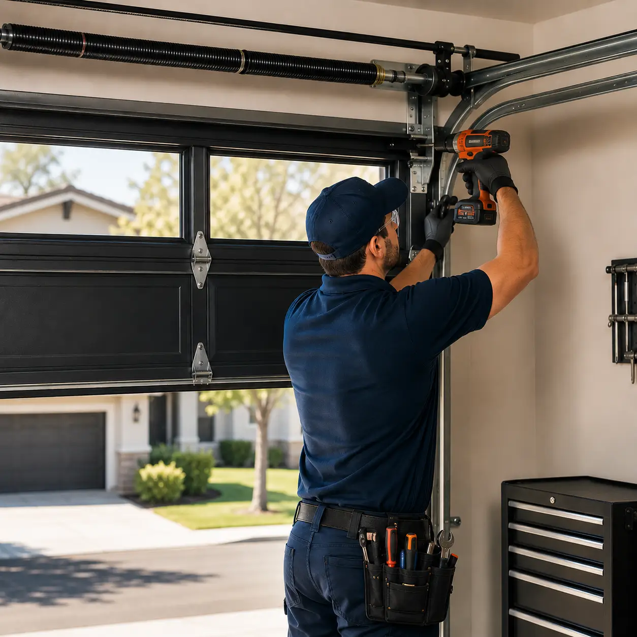 garage door technician repairing spring system