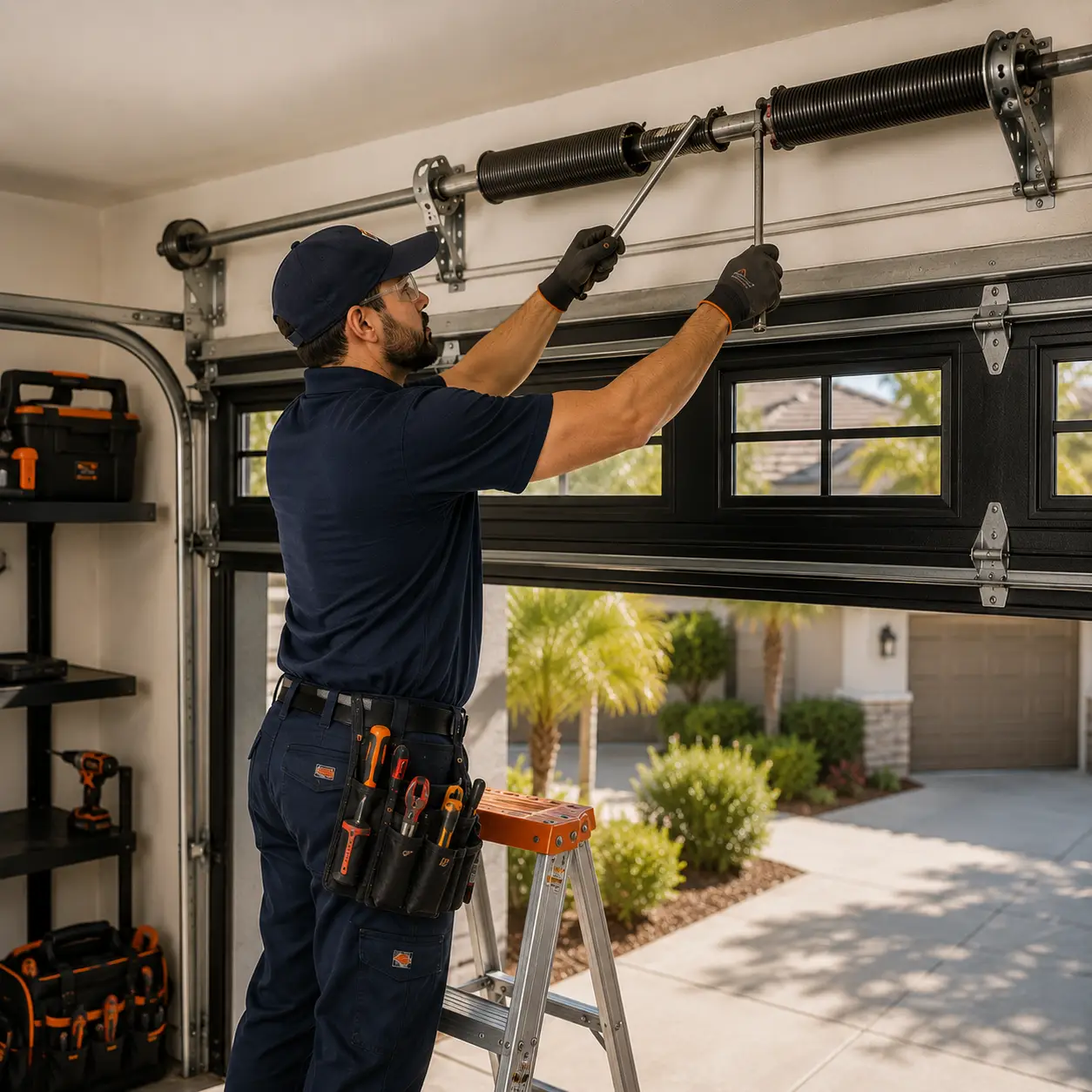 Technician replacing broken garage door torsion spring in Yucaipa